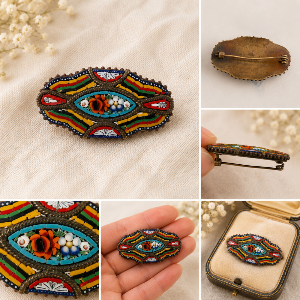 Antique Italian Micro Mosaic Brooch — Millefiori Floral Tiles, Grand Tour Era